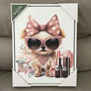 NEW SEIZE THE DAY MINIATURE PUPPY PINK GLITTER CANVAS ART FRAMED DECOR